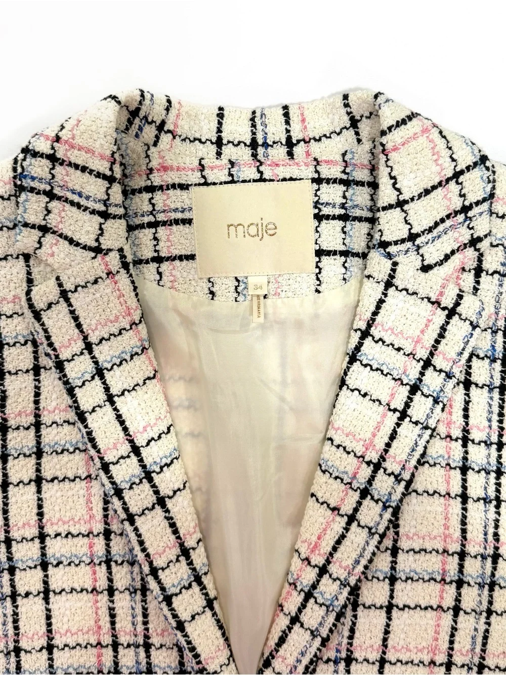 Maje preppy coquette style cream multicolored plaid blazer with gold button | 34